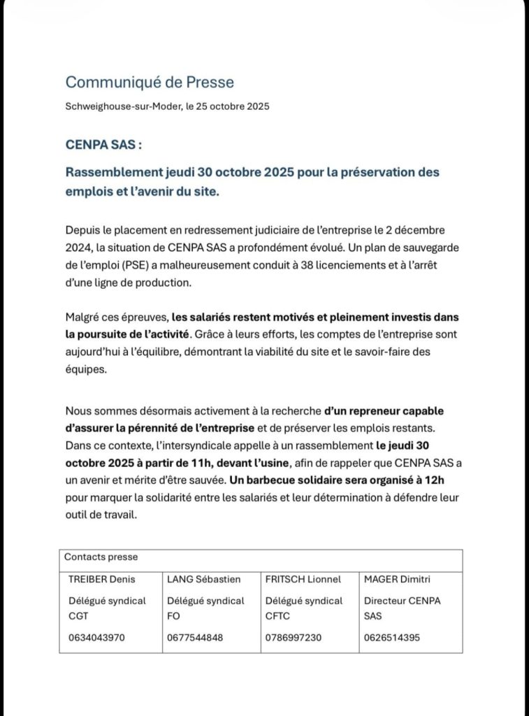Rassemblement le 30 octobre 2025, à partir de 11h, devant l'usine de CENPA, à Schweighouse-sur-Moder